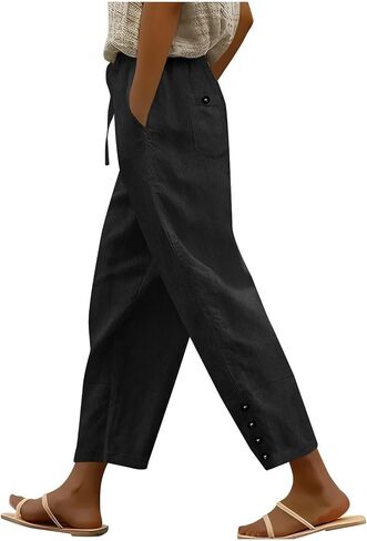 Elastic Waist Linen Pants for Women Summer Comfy Straight Leg Pants Solid Boho Baggy Casual Beach Pants with Pockets in Saudi Arabia