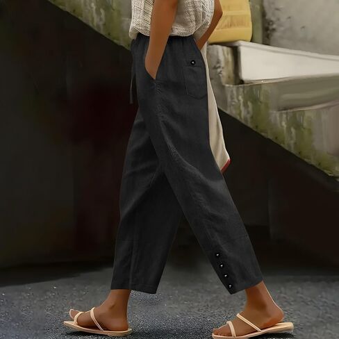 Elastic Waist Linen Pants for Women Summer Comfy Straight Leg Pants Solid Boho Baggy Casual Beach Pants with Pockets in Saudi Arabia