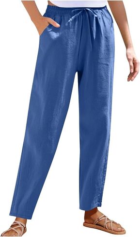 Women's Cotton Linen Straight Leg Pants Drawstring Elastic Waist Casual Trousers Summer Beach Long Pant with Pocket in Kuwait