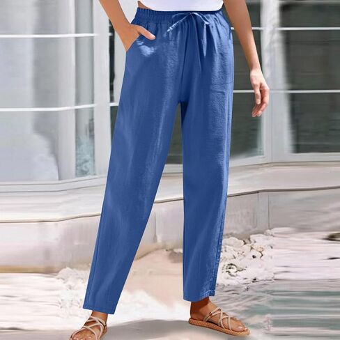 Women's Cotton Linen Straight Leg Pants Drawstring Elastic Waist Casual Trousers Summer Beach Long Pant with Pocket in Kuwait