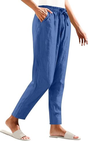 Women's Cotton Linen Straight Leg Pants Drawstring Elastic Waist Casual Trousers Summer Beach Long Pant with Pocket in Kuwait