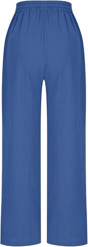 Women's Cotton Linen Straight Leg Pants Drawstring Elastic Waist Casual Trousers Summer Beach Long Pant with Pocket in Kuwait