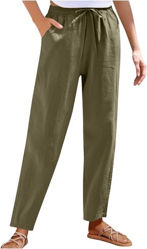 Women's Cotton Linen Straight Leg Pants Drawstring Elastic Waist Casual Trousers Summer Beach Long Pant with Pocket in Kuwait