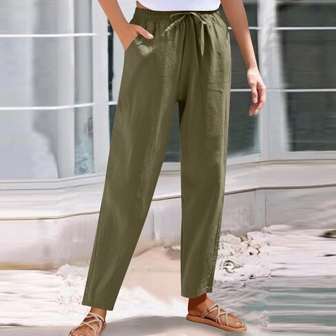 Women's Cotton Linen Straight Leg Pants Drawstring Elastic Waist Casual Trousers Summer Beach Long Pant with Pocket in Kuwait