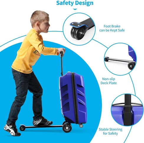 Scooter Suitcase 3-D Hardshell Ride Scooter Luggage for Kids Age 7-15, Cute Lightweight Kids Luggage with Wheels, Girls&Boys Multifunctional Ride On Travel Trolley Scooter Combo-Blue in Saudi Arabia