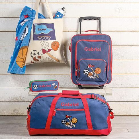 Lillian Vernon Personalized Rolling Luggage for Kids, 5-Pocket Blue Camo Suitcase Set With Clip-On Pouch, Customizable Boys Travel Carrier on Wheels, 5W x 12" L x 20"H in Kuwait
