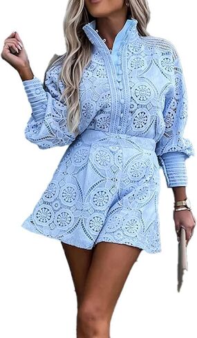Utcoco Womens 2025 Summer Eyelet Lace ثنائية الأكمام الطويلة قمم in Saudi Arabia