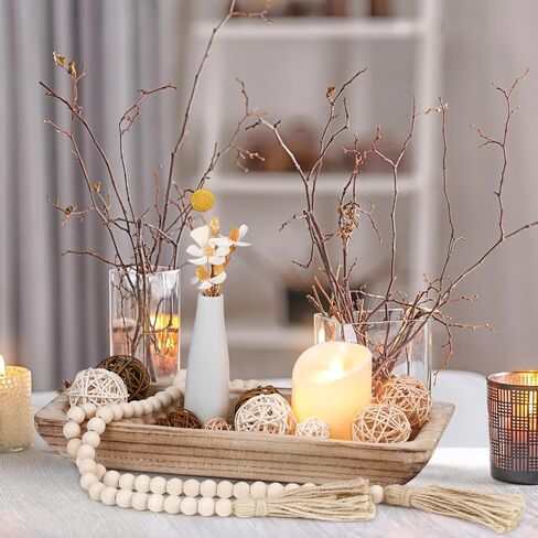 17 PCS مركزية مركزية زخارف العجينة وعاء العجين الخوص كرات الروطان حبات سلسلة مع شرابة صينية زخرفية طبيعية حشو ريفي ريفي لمطبخ غرفة الطعام (أبيض) in Saudi Arabia