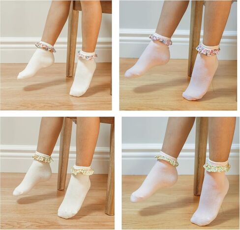 Girls Ruffle Ankle Socks – Soft Cotton Dress Crew, White & Pink – Baby & Toddler Summer Style 4 Pairs in Saudi Arabia