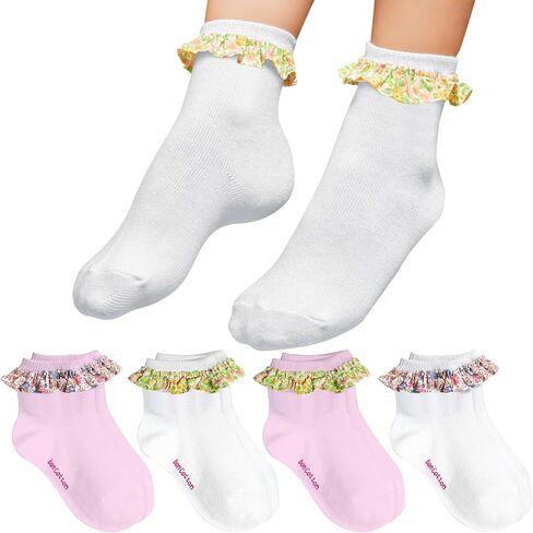 Girls Ruffle Ankle Socks – Soft Cotton Dress Crew, White & Pink – Baby & Toddler Summer Style 4 Pairs in Saudi Arabia