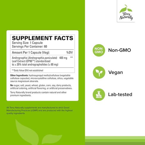 Terry Naturally Andrographis EP80 Extra Strength - Brain Health & Immune Support - Joint Health Supplement to Aid Mobility - Vegan Adaptogen Supplement for Energy & Liver Support - 60 Capsules in Saudi Arabia
