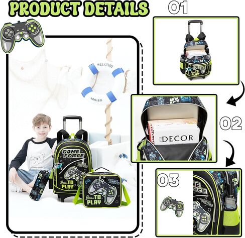 Meetbelify Backpack with Wheels for Boys Rolling Backpack Kids School Bag with Lunch Box Set for Elementary Student Travel Suitcase Laptop Luggage for Boys Age 6-8 in Saudi Arabia