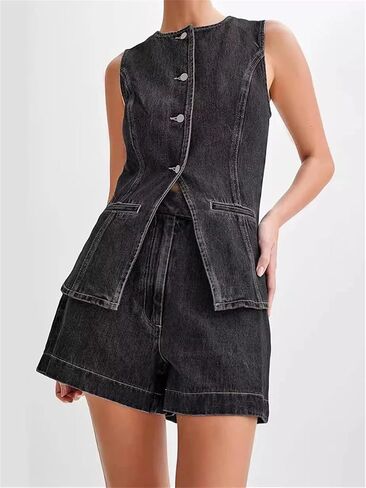 Women's Single Breasted Vintage Sleeveless Denim Vest High Waist Casual Shorts Two-Piece Set in Saudi Arabia