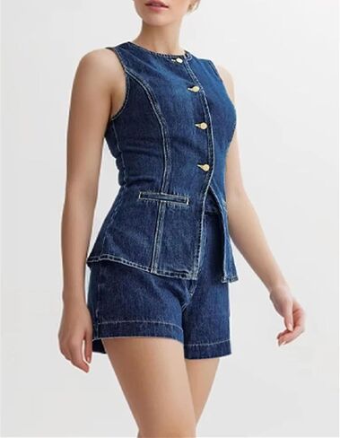 Women's Single Breasted Vintage Sleeveless Denim Vest High Waist Casual Shorts Two-Piece Set in Saudi Arabia