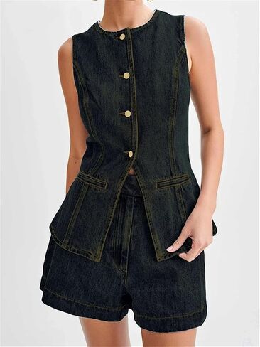 Women's Single Breasted Vintage Sleeveless Denim Vest High Waist Casual Shorts Two-Piece Set in Saudi Arabia