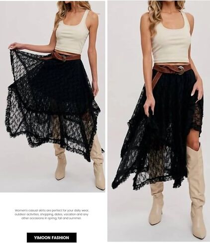 Yimoon Women's Floral Lace Long Skirts Elastic Asymmetrical Layered See-Through Maxi Skirts Sexy Sheer Flowy Beach Skirt in Kuwait