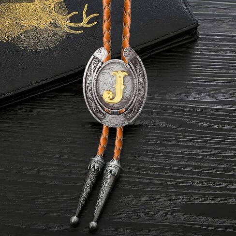 Bolo tie for Men Western Cowboy Brown Leather Necktie Initial Letter ABCDJMR to Z Bolo ties for Women in Kuwait