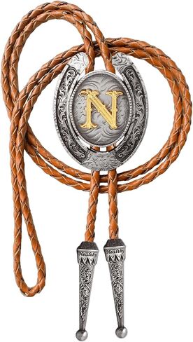 Bolo tie for Men Western Cowboy Brown Leather Necktie Initial Letter ABCDJMR to Z Bolo ties for Women in Kuwait
