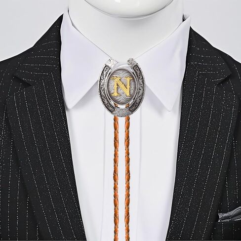 Bolo tie for Men Western Cowboy Brown Leather Necktie Initial Letter ABCDJMR to Z Bolo ties for Women in Kuwait
