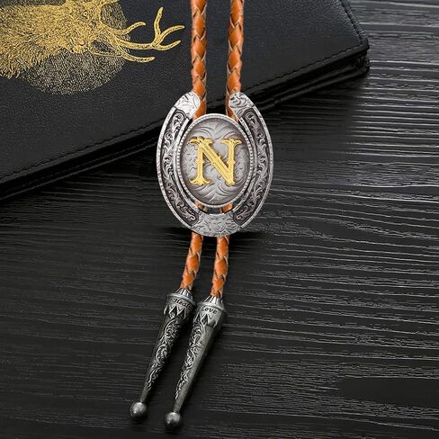 Bolo tie for Men Western Cowboy Brown Leather Necktie Initial Letter ABCDJMR to Z Bolo ties for Women in Kuwait