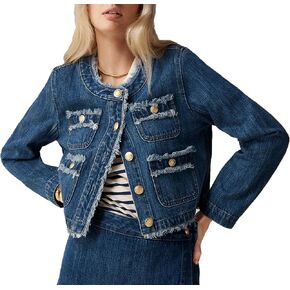 Ladyful Women's Cropped Denim Jacket Frayed Collarless Button Down Long Sleeve Pockets Jean Coat in Kuwait