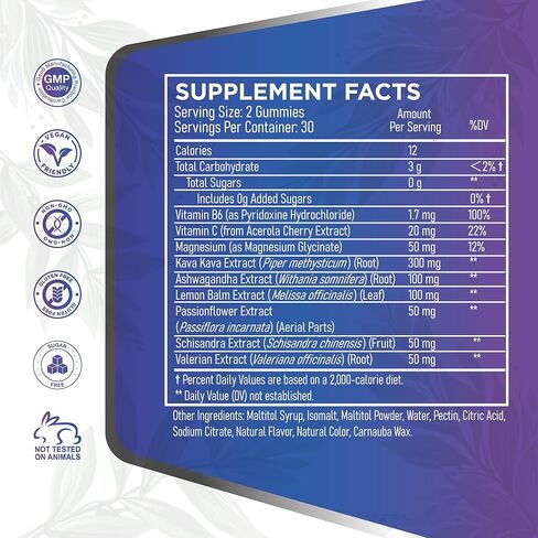 Kava Kava Ashwagandha Gummies-مكملات هادئة لمكملات Adaptogen مع بلسم الليمون العاطفة للاسترخاء الهادئ ودعم الإجهاد-نكهة نباتية خالية من الغلوتين الخالية من السكر. in Kuwait