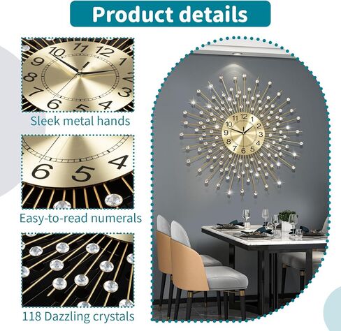 ساعات حائط كبيرة لديكور غرفة المعيشة، ساعات حائط كبيرة وحديثة صامتة، غير موقوتة لغرفة النوم، المكتب، المطبخ، ديكور المنزل، 24 بوصة، ساعة كريستال سوداء مستديرة، ديكور فني جداري للمنزل الداخلي in Kuwait