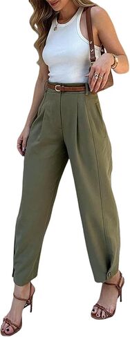 Women's High Waist Pleated Trousers, Olive Green, Wide Leg Dress Pants with Belt Loops in Saudi Arabia