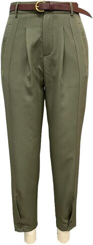 Women's High Waist Pleated Trousers, Olive Green, Wide Leg Dress Pants with Belt Loops in Saudi Arabia
