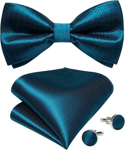 Bow Ties Silk Solid Woven Cravat Cufflinks Hanky Corsage Set for Suit or Tuxedo Man Wedding Knot (Blue As Shown) in Saudi Arabia