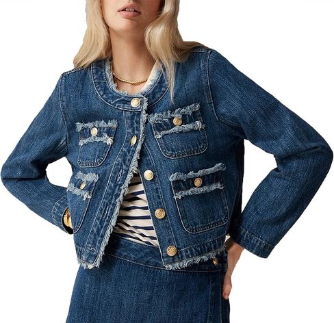 Ladyful Women's Cropped Denim Jacket Frayed Collarless Button Down Long Sleeve Pockets Jean Coat in Kuwait
