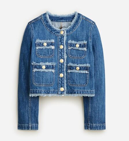 Ladyful Women's Cropped Denim Jacket Frayed Collarless Button Down Long Sleeve Pockets Jean Coat in Kuwait