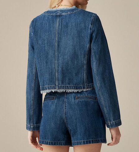 Ladyful Women's Cropped Denim Jacket Frayed Collarless Button Down Long Sleeve Pockets Jean Coat in Kuwait