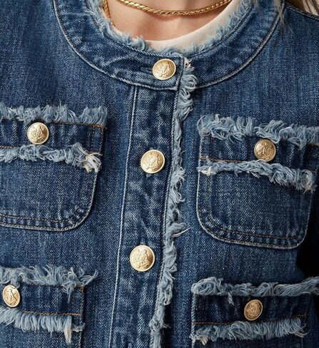 Ladyful Women's Cropped Denim Jacket Frayed Collarless Button Down Long Sleeve Pockets Jean Coat in Kuwait