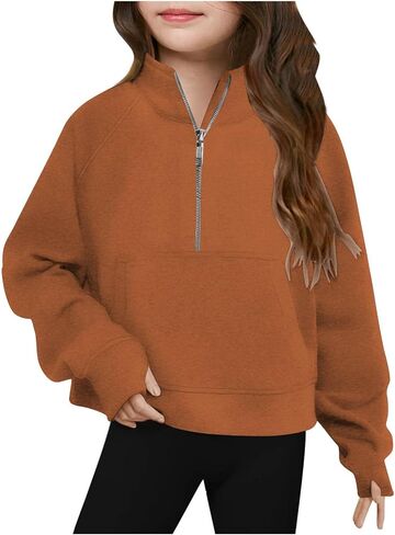 Cute Sweatshirts For Teen Girls Half Zipper Crop Pullover Hoodies With Thumb Hole Trendy Fall Clothes Outfits 5-14T in Saudi Arabia