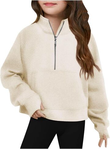 Cute Sweatshirts For Teen Girls Half Zipper Crop Pullover Hoodies With Thumb Hole Trendy Fall Clothes Outfits 5-14T in Saudi Arabia