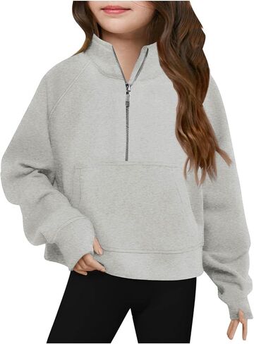 Cute Sweatshirts For Teen Girls Half Zipper Crop Pullover Hoodies With Thumb Hole Trendy Fall Clothes Outfits 5-14T in Saudi Arabia