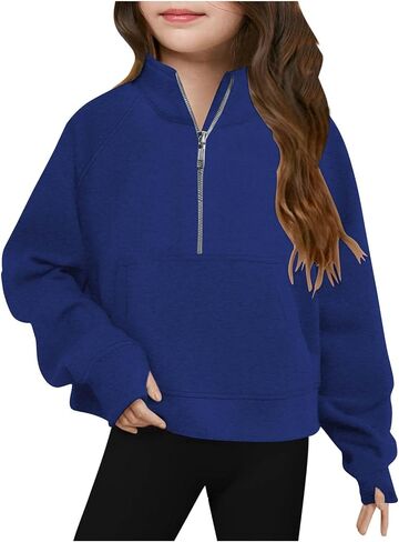 Cute Sweatshirts For Teen Girls Half Zipper Crop Pullover Hoodies With Thumb Hole Trendy Fall Clothes Outfits 5-14T in Saudi Arabia