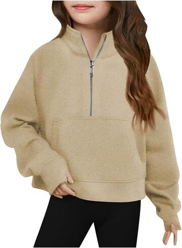 Cute Sweatshirts For Teen Girls Half Zipper Crop Pullover Hoodies With Thumb Hole Trendy Fall Clothes Outfits 5-14T in Saudi Arabia