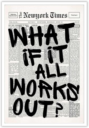 Retro Black And White Newspaper Poster What If It All Works Out Canvas Wall Art Positive Affirming Quote Minimalist Prints Painting For Home Bedroom Dorm Wall Decor 8x12in Unframed in Saudi Arabia
