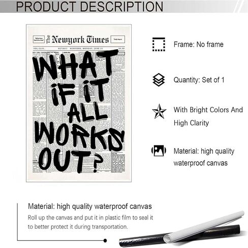 Retro Black And White Newspaper Poster What If It All Works Out Canvas Wall Art Positive Affirming Quote Minimalist Prints Painting For Home Bedroom Dorm Wall Decor 8x12in Unframed in Saudi Arabia