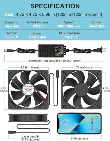 Wathai IP68 80mm x 25mm 12V Waterproof Cooling Fan High Airflow Dual Ball DC 12v Exhaust Fan 2Pin for DIY RV Fridge Refrigerator Solar Battery Box Cabinet Ventilation Cooling in Kuwait