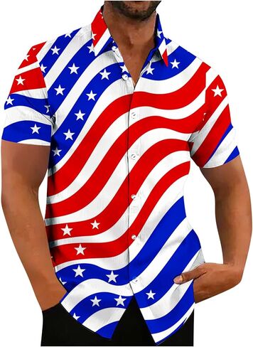 Mens 4th of July Patriotic Shirts Short Sleeve Button Down Red White Blue Stars Stripes Summer American Flag Tops in Saudi Arabia