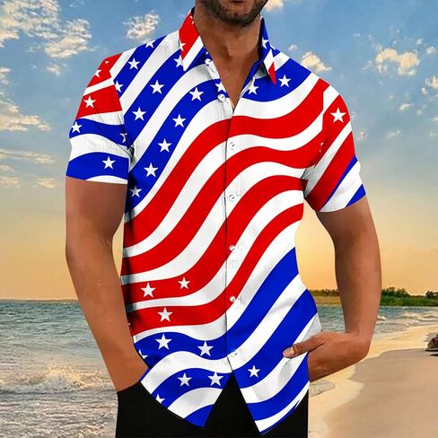 Mens 4th of July Patriotic Shirts Short Sleeve Button Down Red White Blue Stars Stripes Summer American Flag Tops in Saudi Arabia