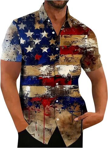 Mens 4th of July Patriotic Shirts Short Sleeve Button Down Red White Blue Stars Stripes Summer American Flag Tops in Saudi Arabia