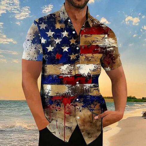 Mens 4th of July Patriotic Shirts Short Sleeve Button Down Red White Blue Stars Stripes Summer American Flag Tops in Saudi Arabia