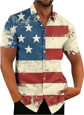 Mens 4th of July Patriotic Shirts Short Sleeve Button Down Red White Blue Stars Stripes Summer American Flag Tops in Saudi Arabia