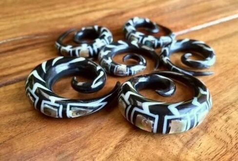 PAIR of Stunning Organic Abalone Inlay Horn Spiral Tapers - Plugs - Gauges - Body Jewelry in Saudi Arabia