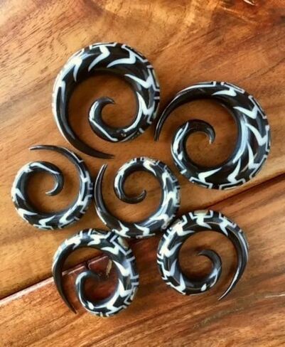 PAIR of Stunning Organic Abalone Inlay Horn Spiral Tapers - Plugs - Gauges - Body Jewelry in Saudi Arabia