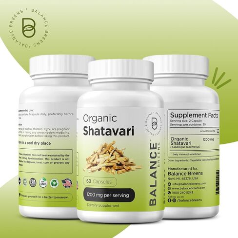 Organic Shatavari 1200mg, 60 Capsules - Lactation Support Vitamins, Hormonal Balance for Women, Asparagus Racemosus Root (Pack of 3) in Kuwait